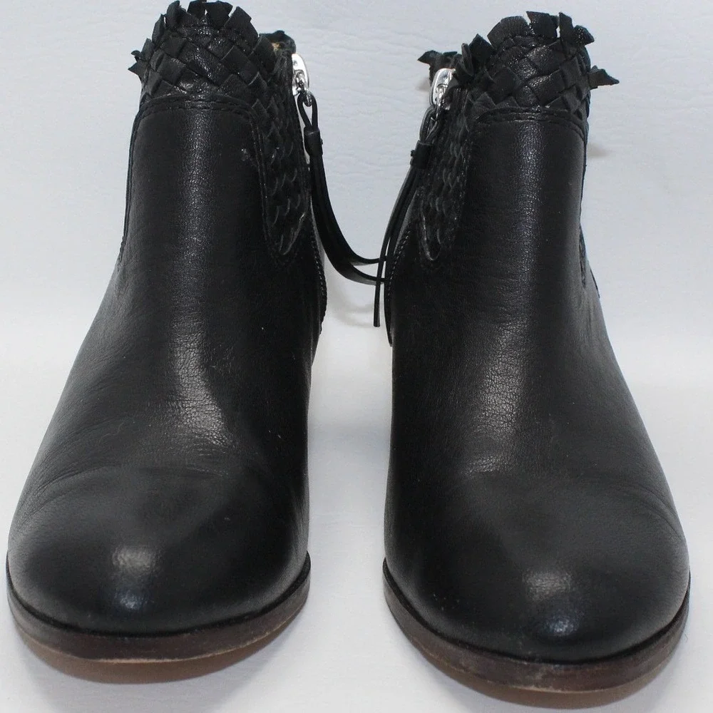 COACH Ryer Black Leather Woven Fringe Ankle Boots - Size 7.5 B -‎ Excellent